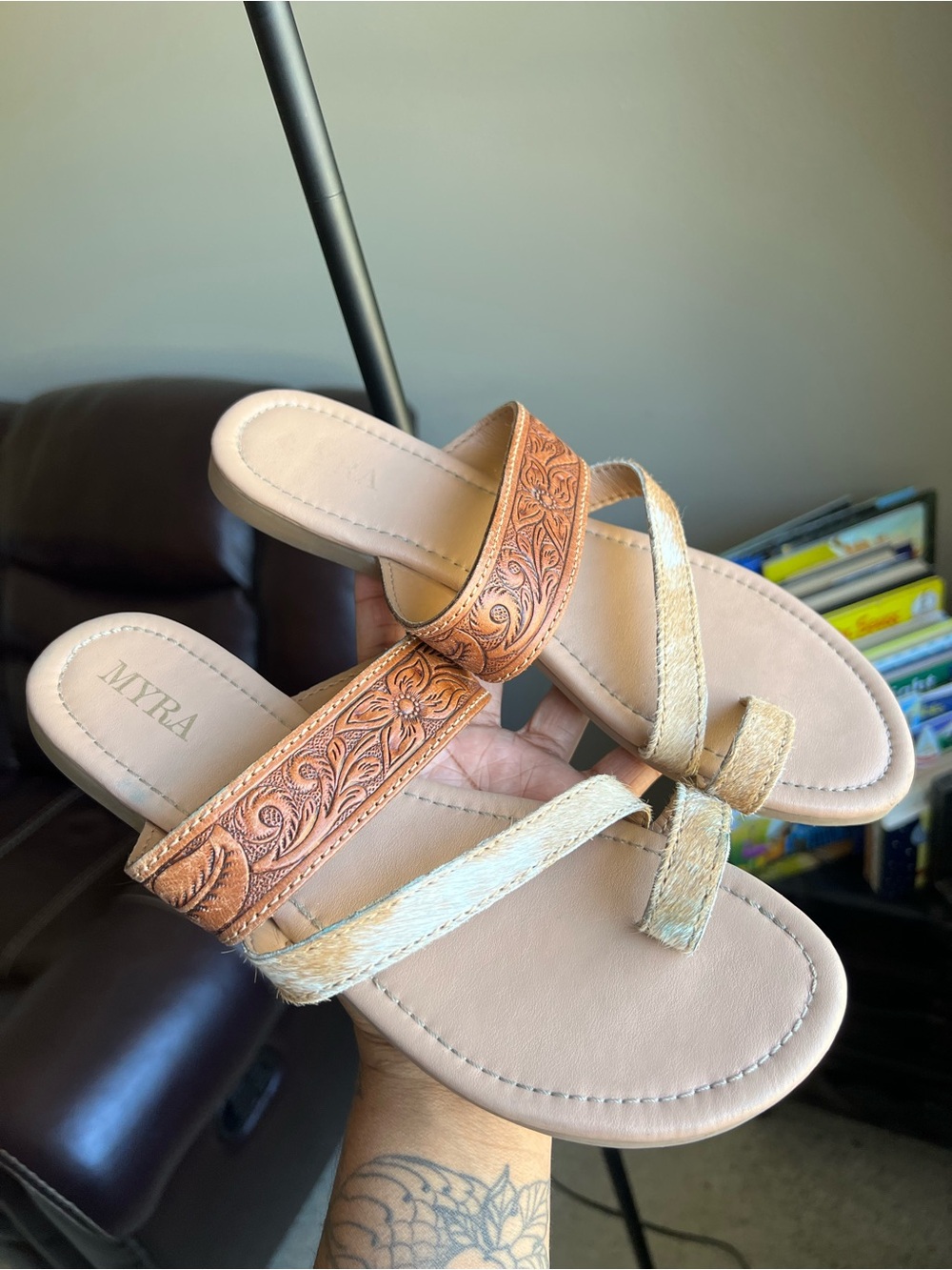 Myra Bag Tan Leather Sandals with Natural Hair-On Straps